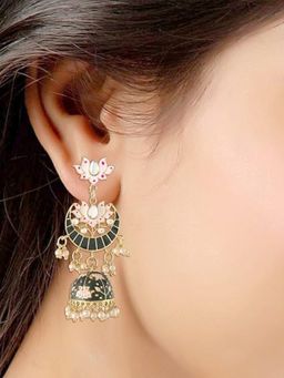 I Jewels - Gold Plated Floral Kundan Studded Meenakari Jhumka Black Earrings