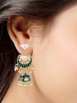 I Jewels - Gold Plated Floral Kundan Studded Meenakari Jhumka Green Earrings