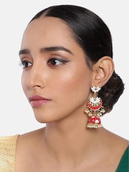 I Jewels - Gold Plated Floral Kundan Studded Red Meenakari Jhumka Red Earrings