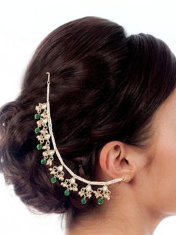 I Jewels - Gold Plated Long Pearl Drop Beads Green Ear Chain