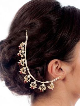 I Jewels - Gold Plated Long Pearl Drop Beads Maroon Ear Chain