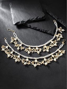 I Jewels - Gold Plated Long Pearl Drop Beads White Ear Chain