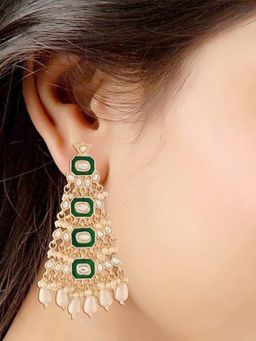 I Jewels - Gold Plated Meenakari Kundan Pearl Chandbali Dangle Green Earrings
