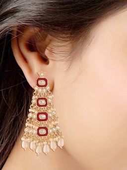 I Jewels - Gold Plated Red Meenakari Kundan Pearl Chandbali Dangle Red Earrings