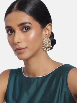 I Jewels - Gold Plated Red Meenakari Kundan Pearl Stud Red Earrings
