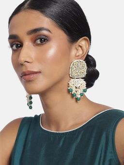 I Jewels - Gold Plated Kundan Pearl and Beades Studded Dangle Green Earrings