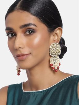 I Jewels - Gold Plated Kundan Pearl and Beades Studded Dangle Maroon Earrings