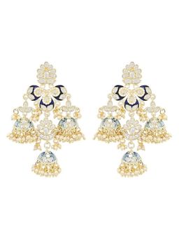 I Jewels - Gold Plated Kundan Pearl Studded Jhumki Dangle Blue Earrings