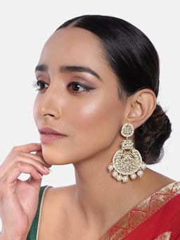I Jewels - Gold Plated Chandbali Glided with Kundan's and Pearls White Earrings