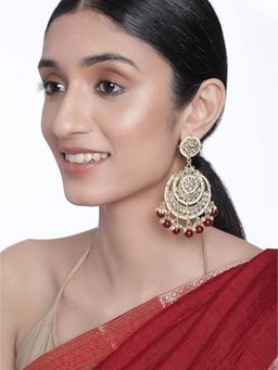 I Jewels - Gold Plated Chandbali Glided with Kundan's and Pearls Maroon Earrings