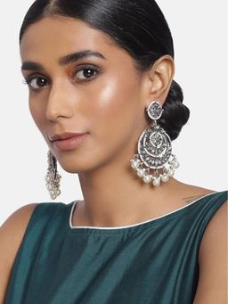 I Jewels - Silver Plated Chandbali Glided with Kundan's and Pearls Silver Earrings