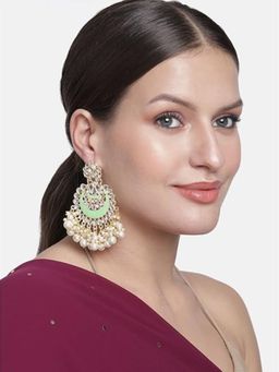 I Jewels - Gold Plated Meenakari Chandbali with Kundan's and Pearl Green Earrings