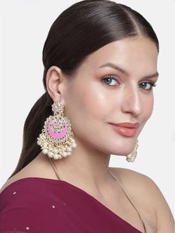 I Jewels - Gold Plated Meenakari Chandbali with Kundan's and Pearls Pink Earrings