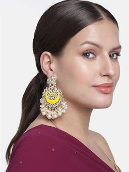 I Jewels - Gold Plated Meenakari Chandbali with Kundan's and Pearl Yellow Earrings