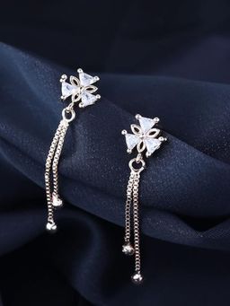 I Jewels - Rose Gold Plated Cz and American Diamond Tassel Drop White Earrings