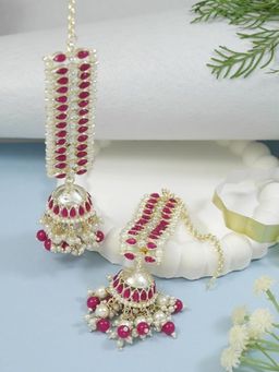 I Jewels - Gold Plated Kundan Studded Pearl Jhumki Pink Earrings