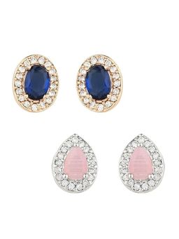 I Jewels - Cz American Diamond Oval Shape Stud Multi-Colour Earrings (Pack of 2)