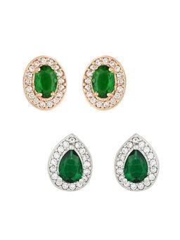I Jewels - Design Cz American Diamond Stud Green Earrings (Pack of 2)