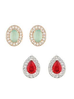 I Jewels - Cz American Diamond Oval Shape Stud Multi-Colour Earrings (Pack of 2)