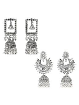 I Jewels - Traditional Silver Oxidised Dangle Jhumka Silver Earrings (Pack of 2)
