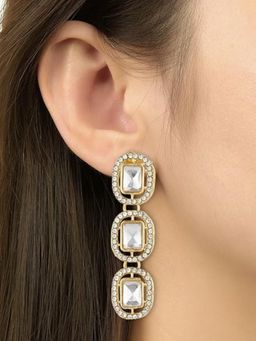 I Jewels - Gold Plated Traditional White Stone Drop Dangle White Earrings