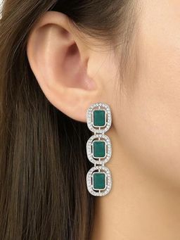 I Jewels - Silver Plated Traditional White Stone Drop Dangle Green Earrings