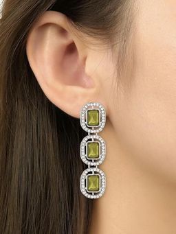 I Jewels - Silver Plated Traditional White Stone Drop Dangle Green Earrings