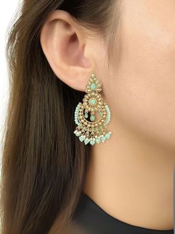 I Jewels - Gold Plated Chandbali Kundan Studded and Beaded Green Earrings