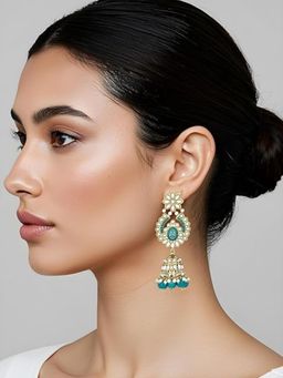I Jewels - Traditional Design Handcrafted Jhumka and Pearl Teal Earrings