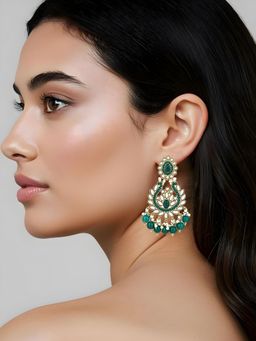 I Jewels - Traditional Design Handcrafted Kundan and Pearl Green Earrings