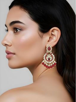 I Jewels - Traditional Design Handcrafted Kundan and Pearl Maroon Earrings