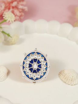 I Jewels - Silver Plated Kundan Stone Studded and Pearls Beaded Adjustable Ring