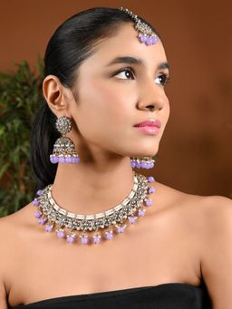 I Jewels - Gold Plated Traditional Kundan Purple Pearl Choker Necklace Jewellery Set