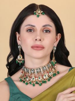 STILEADDA - Enamel Coated Green Pearls Beaded Kundan Jewellery Set