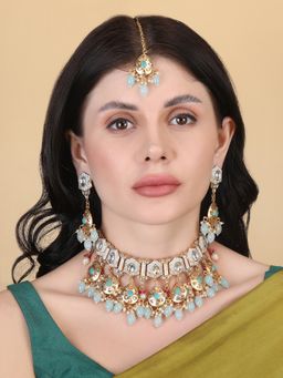 STILEADDA - Enamel Coated blue Pearls Beaded Kundan Jewellery Set