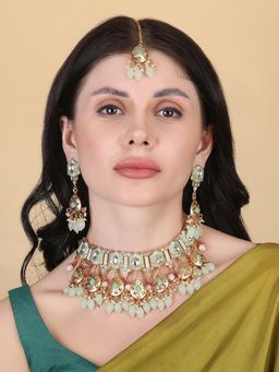 STILEADDA - Enamel Coated Green Pearls Beaded Kundan Jewellery Set