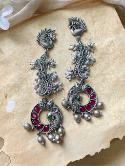 ISHKAARA - Oxidised Twin Peacocks Ruby Earrings