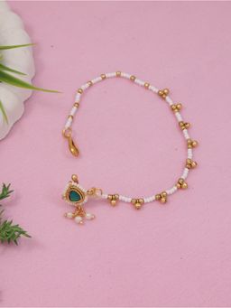 I Jewels - Green and White Antique Gold-Plated Pearl Studded Beaded Chained Nose Ring