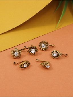 I Jewels - Gold Plated Stone Studded Nose pin (Pack Of 6)