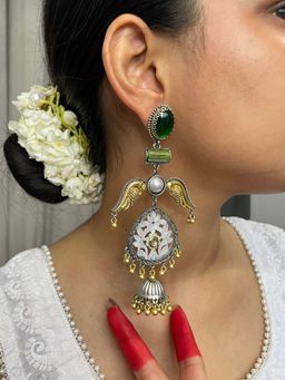 ISHKAARA - Golden Bird with Green Stone Earrings