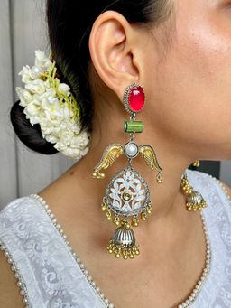 ISHKAARA - Golden Bird with Red Stone Earrings