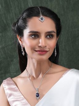 STILEADDA - Silver Plated Blue Square Ad Cz Studded Leaf Jewellery Set