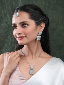 STILEADDA - Silver Plated Turquoise Square Cz Big Jewellery Set