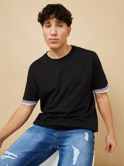 Styli - Black Checked Taping Sleeve Detail Oversized T-shirt