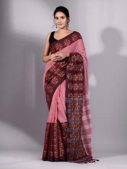 CHARUKRITI - Wine Cotton Handspun Soft Saree with Floral Weaving Without Blouse