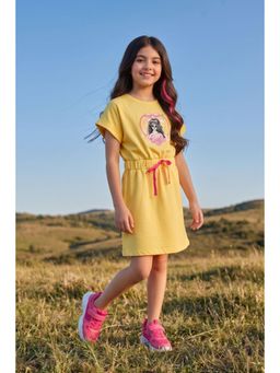 TINY GIRL - Barbie Yellow Graphic Printed Cotton Casual T-Shirt Dress