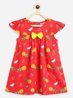 Campana - Girls Pure Cotton Tropical Fruit Printed Dress With Bow - Red