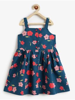 Campana - Girls Lisa Pure Cotton Floral Printed Dress With Smocking - Navy Blue