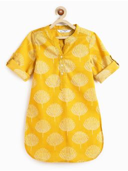Campana - Girls Urvashi Pure Cotton Fan Flower Printed Kurta - Mustard and White