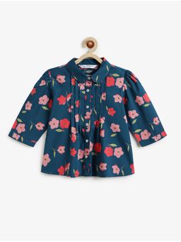 Campana - Girls Aria Pure Cotton Floral Printed Pleated Top with Collar - Navy Blue